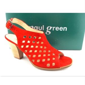 New PAUL GREEN Red Laser Cut Suede Leather Chunk Heel Sling Sandals UK5 / US7.5